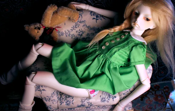 Chair, doll, dress, bear, red hair, doll, BJD, sedene dress