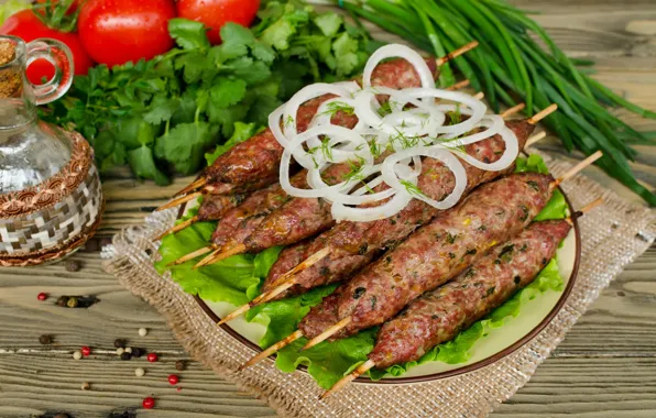 Picture greens, bow, meat, tomatoes, kebab