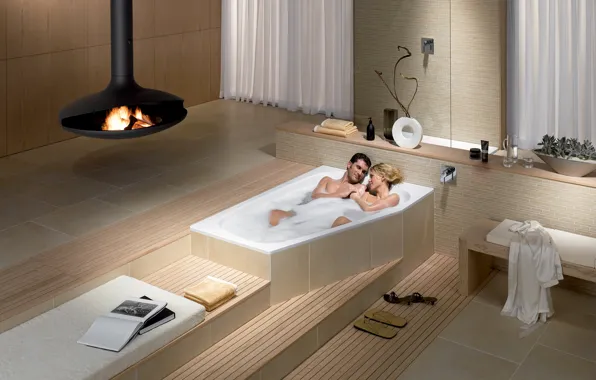 Romance, woman, tenderness, books, bath, male, lovers, Bathrobe
