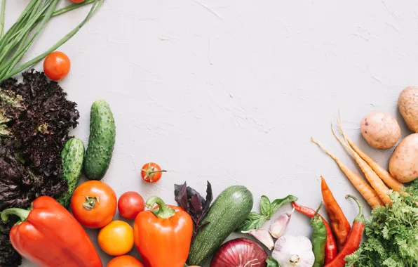 Greens, pepper, vegetables, tomatoes, carrots, cucumbers, garlic