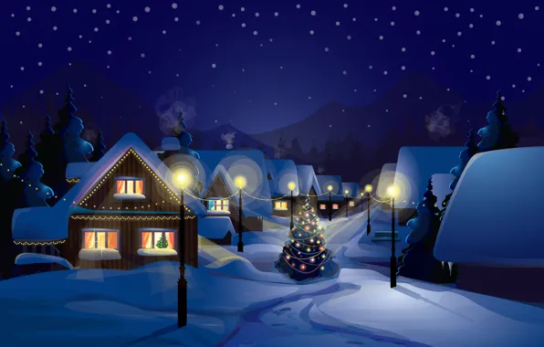 Picture snow, decoration, city, the city, lights, lights, vector, graphics