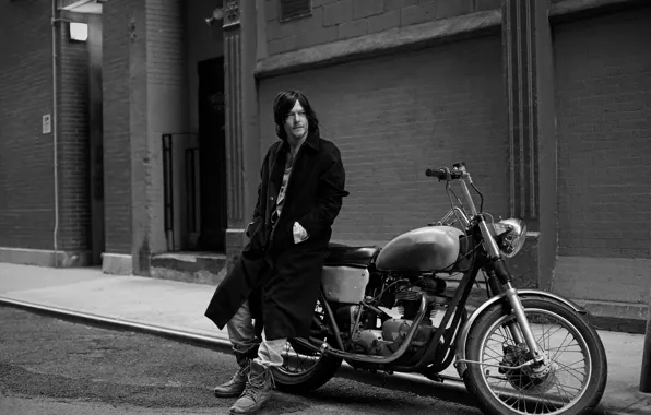 Picture road, house, street, motorcycle, black and white, bike, the sidewalk, coat