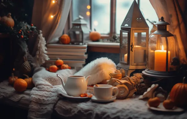 Comfort, heat, room, furniture, interior, pillow, candles, Christmas