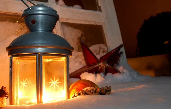 Winter, snow, holiday, Christmas, New Year, lantern