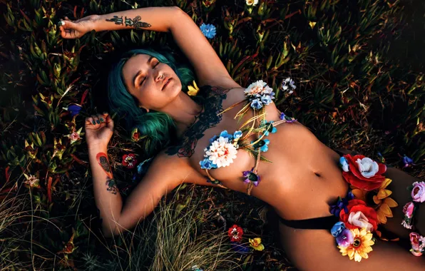 Chest, girl, flowers, pose, model, body, panties, makeup