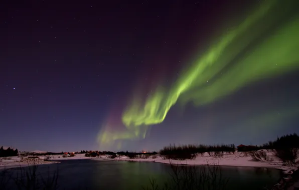 Water, stars, snow, trees, night, lights, Northern lights, Iceland