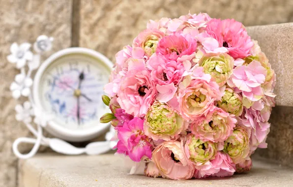 Watch, bouquet, peonies, hydrangea, bouquet, clock