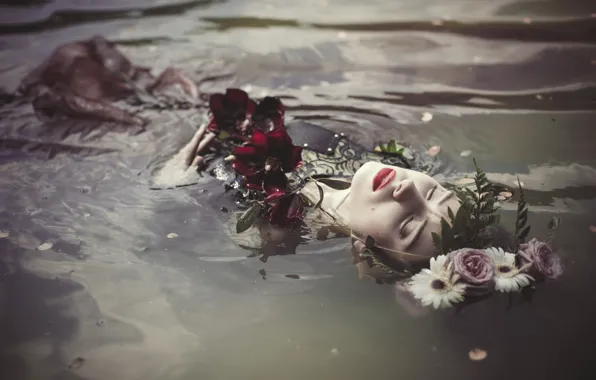 Water, girl, flowers