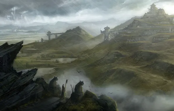 The city, river, castle, rain, rocks, hills, lightning, staff