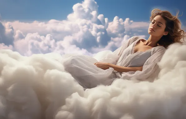 Chest, the sky, girl, clouds, dreams, face, blue, fantasy