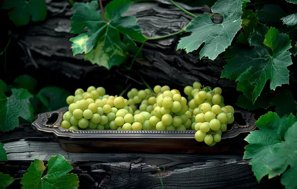 Leaves, green, the dark background, tree, grapes, vineyard, bark, still life