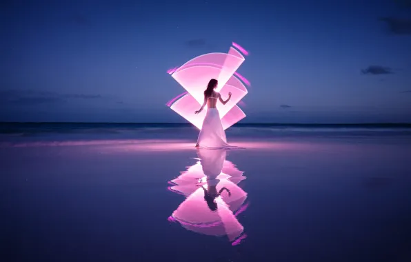 Picture wave, girl, light, shore, Light-painting at the pink sand beach