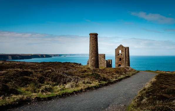 Sea, rocks, shore, tower, ruins