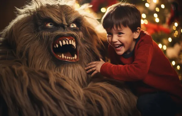 Boy, Monster, Smile, Christmas, New year, Joy, Digital art, Supernatural beings