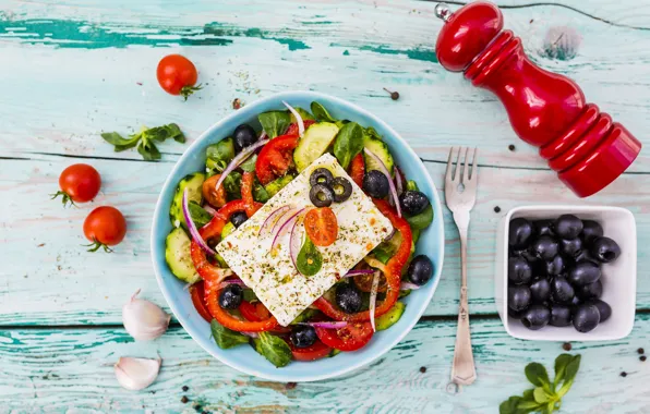 Pepper, vegetables, tomatoes, olives, salad, spices