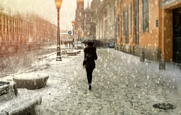Girl, snow, umbrella, Saint Petersburg