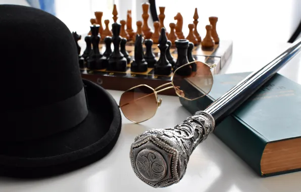 Hat, chess, glasses, cane, book, items, bokeh, status