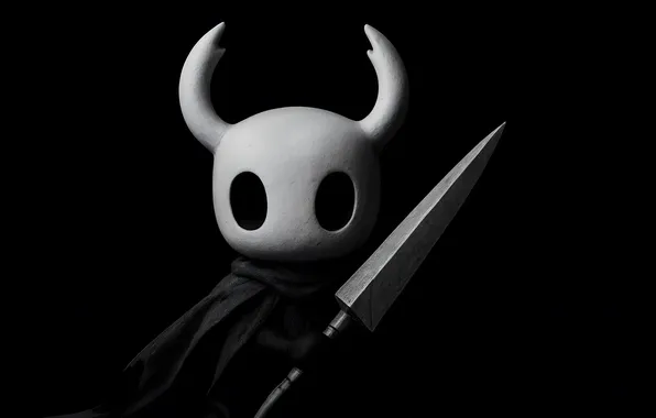 Picture sword, mask, black background, simple background, cape, Hollow Knight, video game characters, minimalism