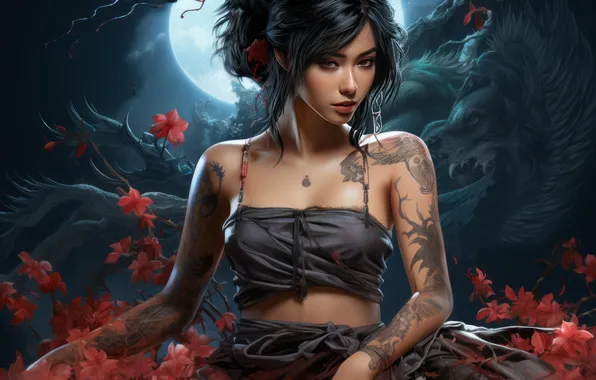 Girl, Anime, Beauty, Tattoo, Anime Girl, AI Generated
