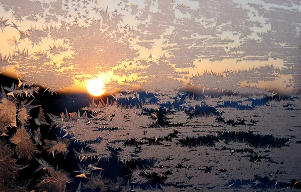 Winter, sunset, pattern, window, frost