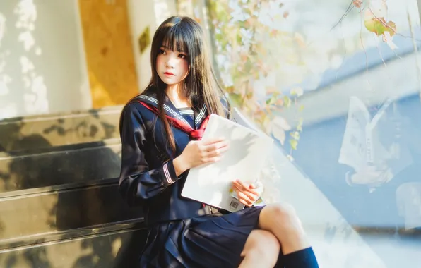Beautiful, Asian, Model, Glass, Woman, Reflection, Pretty, Reading