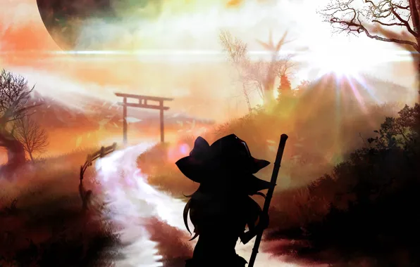 Road, girl, fog, torii, Touhou Project, Marisa Kirisame, by Akyuun