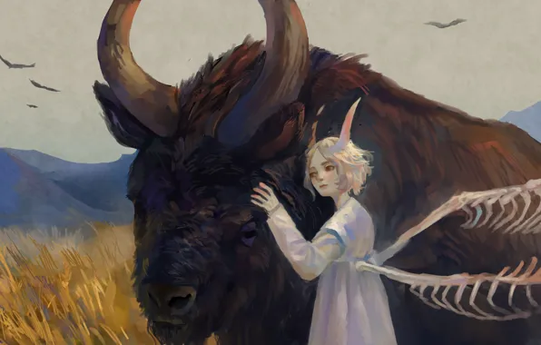 Picture girl, nature, the demon, fantasy, bull