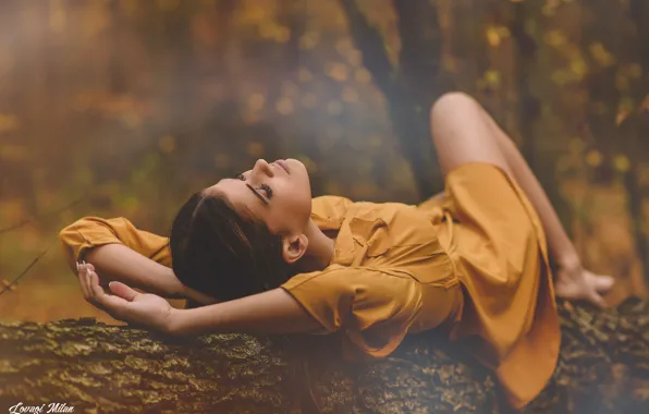 Autumn, girl, nature, pose, Park, mood, model, dress