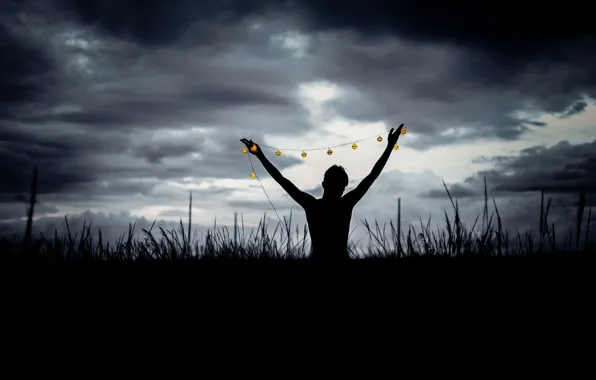 Field, clouds, man, darkness, silhouette, globes