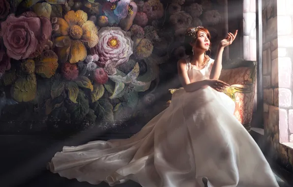 Girl, rays, light, flowers, face, pose, the dark background, wall