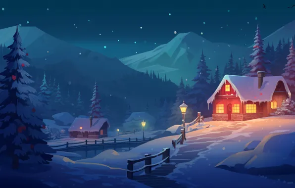 Winter, snow, house, holiday, graphics, Christmas, hut, New year