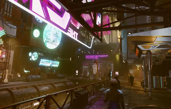 People, street, planet, neon, advertising, starfield
