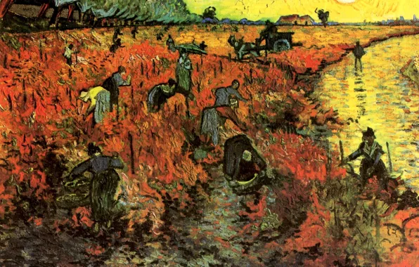 Picture the sun, river, horse, cart, Vincent van Gogh, The Red Vineyard, women work
