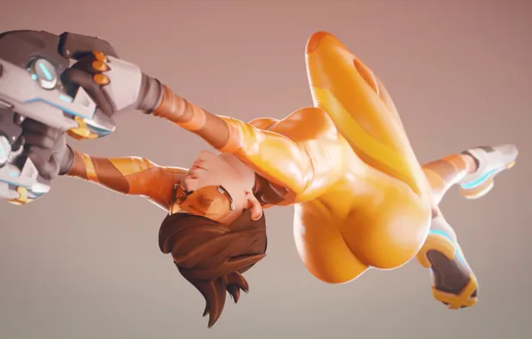 Ass, weapon, upside down, thighs, tight clothing, thick ass, Tracer (Overwatch)