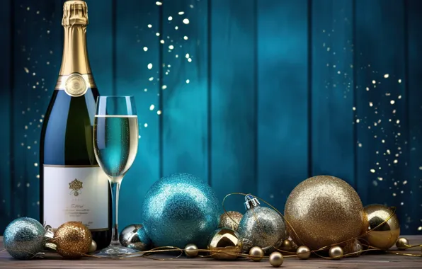 Decoration, gold, balls, New Year, glasses, golden, new year, champagne
