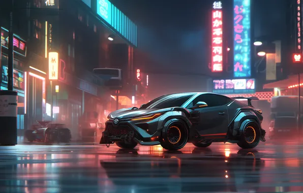 Picture sports car, AI art, cyberpunk, illustration