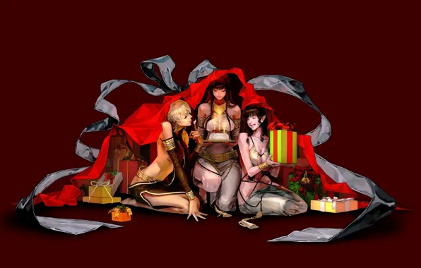 Fantasy, girls, holiday, new year, anime, art, gifts