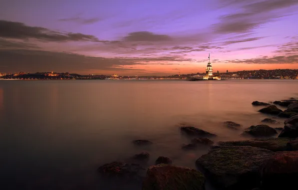 The city, lights, river, stones, the evening