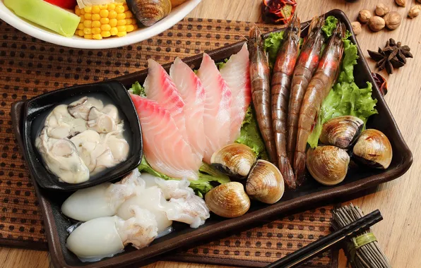 Picture fish, shrimp, seafood, Japanese cuisine, meals, squid, star anise, cuts