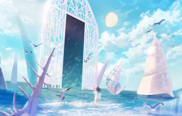 Sea, girl, space, the moon, seagulls, the portal
