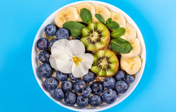 Berries, background, kiwi, blueberries, bananas, fruit, muesli