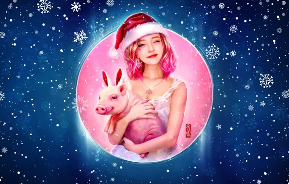 Winter, Girl, Pig, Snow, Christmas, Snowflakes, Background, New year