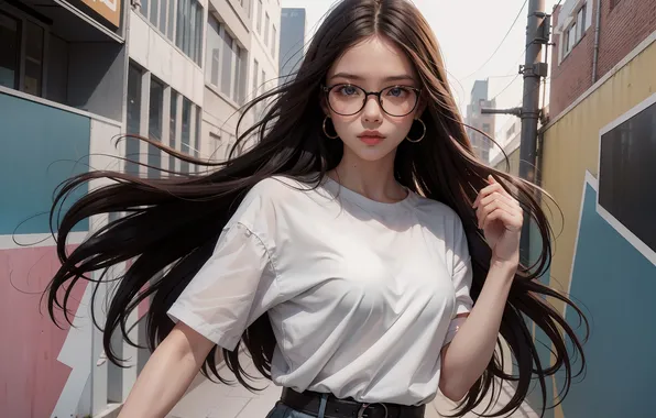 Asian, long hair, street, women, glasses, earring, looking at viewer, white clothing