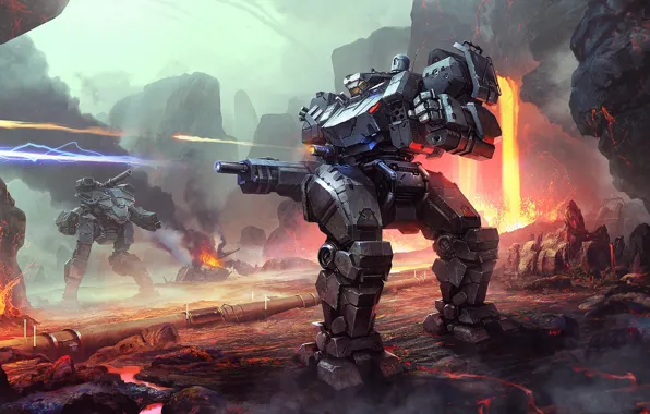 Fiction, rocks, war, robot, art, lava, fight, Mecha