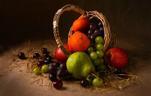 The dark background, apples, food, grapes, pear, fruit, still life, basket