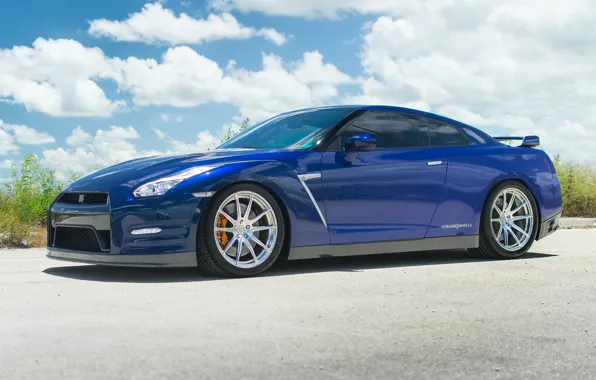 Picture nissan, GT-R, blue, Wheels, Strasse