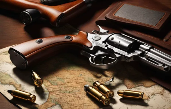 Weapons, map, cartridges, revolver