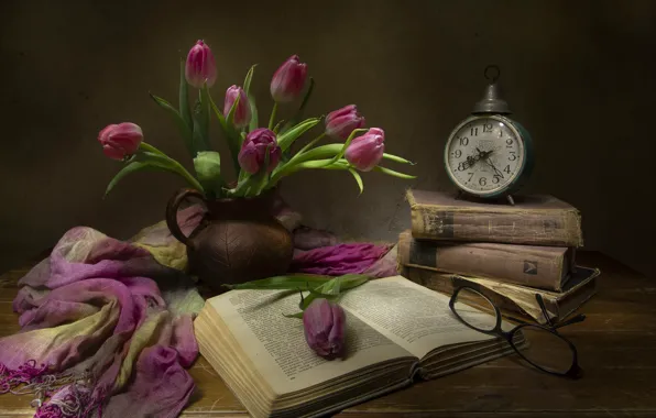 Flowers, watch, books, scarf, alarm clock, glasses, tulips, fabric