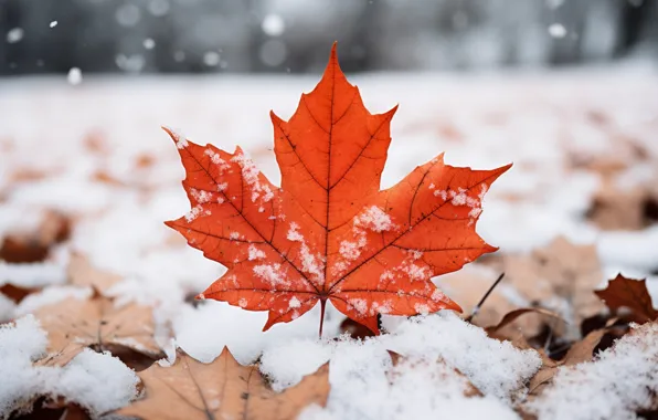 Winter, autumn, leaves, snow, background, maple, close-up, winter