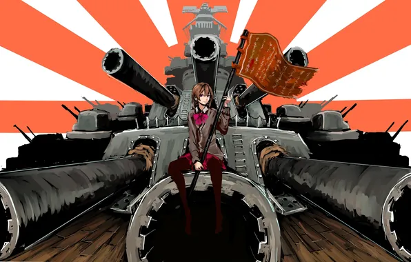Girl, gun, anime, flag, art, battleship